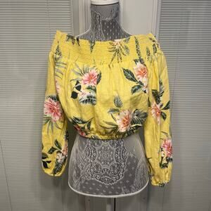 Guess Yellow Floral Off The Shoulder Linen Crop Top Long Sleeve Smocked Sz L